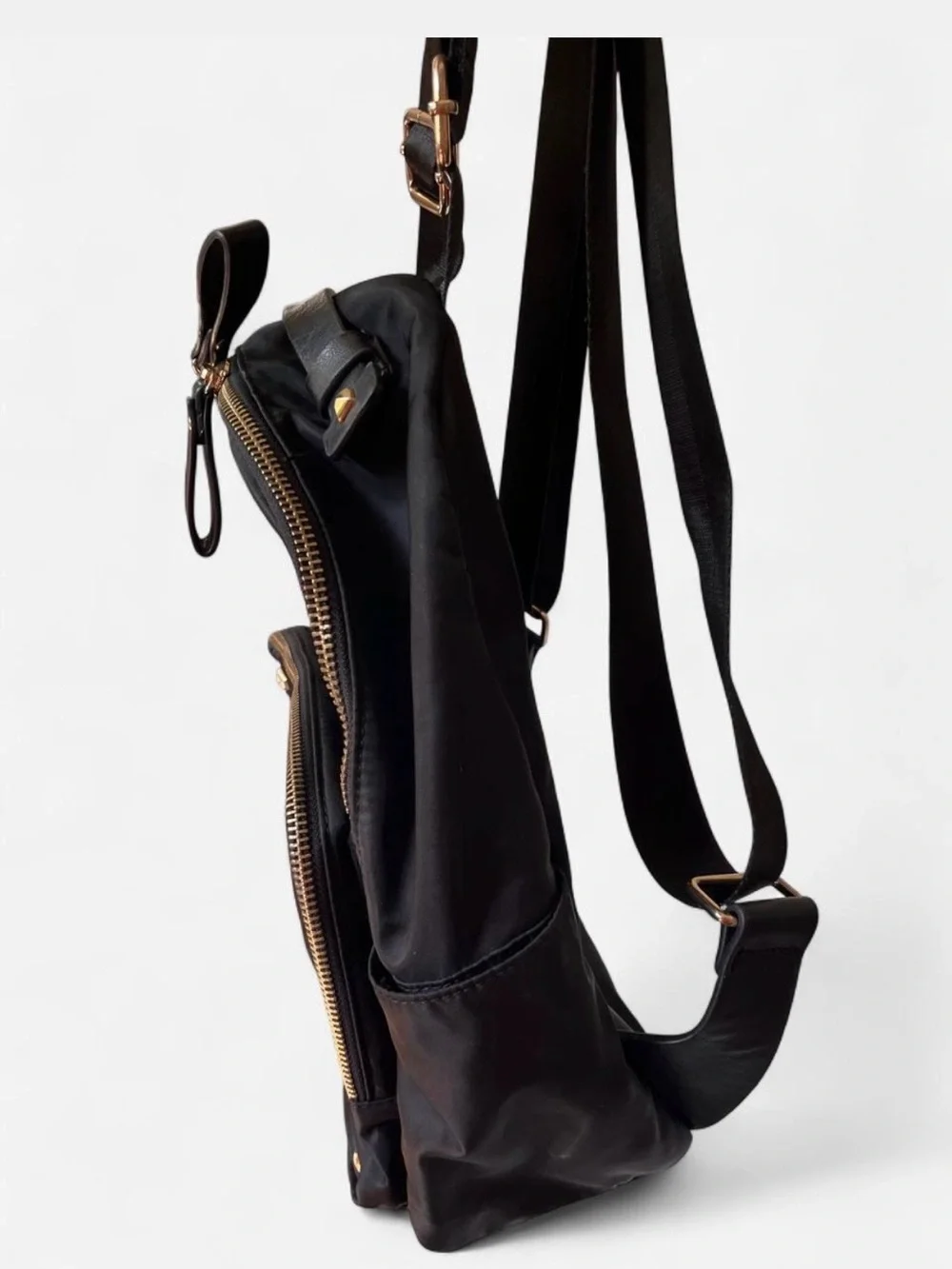MMS Design Studio Black Nylon Backpack with Gold Accents